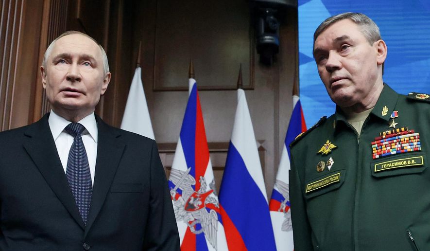 Russian President Vladimir Putin, left, and Russian Chief of General Staff Gen. Valery Gerasimov attend the annual board meeting of the country's Defense Ministry and awards soldiers in Moscow, Russia, Wednesday, Dec. 17, 2025. (Alexander Kazakov/Sputnik, Kremlin Pool Photo via AP)