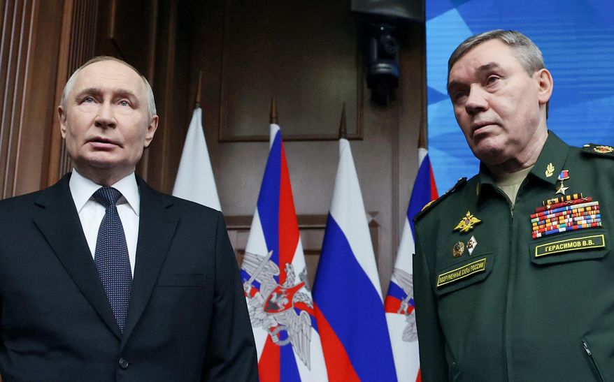 Russian President Vladimir Putin, left, and Russian Chief of General Staff Gen. Valery Gerasimov attend the annual board meeting of the country's Defense Ministry and awards soldiers in Moscow, Russia, Wednesday, Dec. 17, 2025. (Alexander Kazakov/Sputnik, Kremlin Pool Photo via AP)