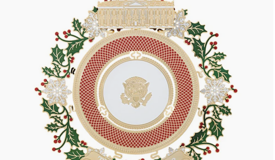 The Official 2025 White House Christmas Ornament celebrates the 150th anniversary of state dinners at the Executive Mansion. It features two plates from the White House State china collection. (Photo courtesy of the White House Historical Association)