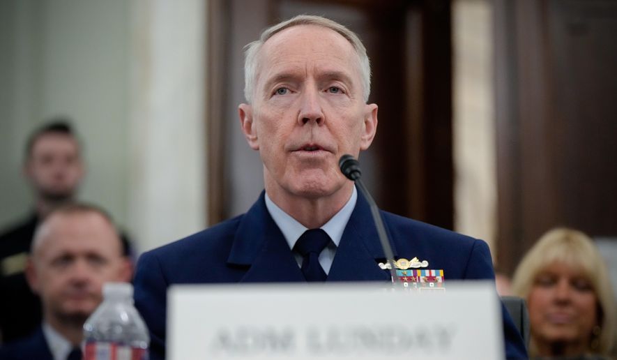 Adm. Kevin Lunday, then-acting commandant of the U.S. Coast Guard, speaks during a Senate Commerce, Science and Transportation Committee hearing on his nomination for Commandant of the Coast Guard, Wednesday, Nov. 19, 2025, on Capitol Hill in Washington. (AP Photo/Julia Demaree Nikhinson) ** FILE **