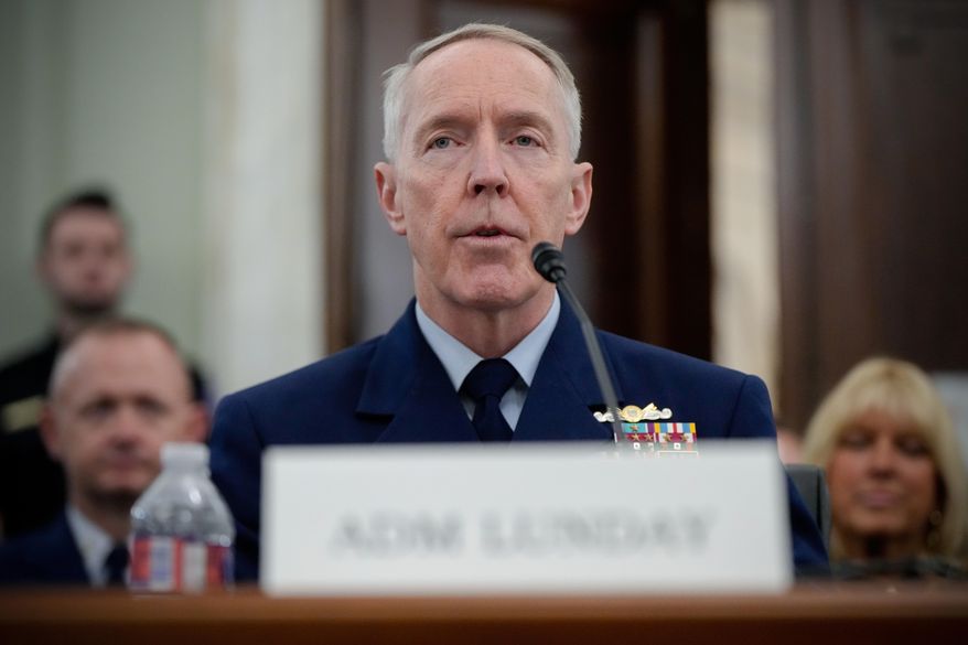 Adm. Kevin Lunday, then-acting commandant of the U.S. Coast Guard, speaks during a Senate Commerce, Science and Transportation Committee hearing on his nomination for Commandant of the Coast Guard, Wednesday, Nov. 19, 2025, on Capitol Hill in Washington. (AP Photo/Julia Demaree Nikhinson) ** FILE **