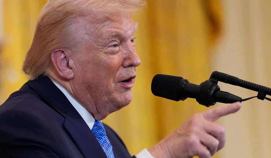 President Donald Trump speaks during a Hanukkah reception in the East Room of the White House, Tuesday, Dec. 16, 2025, in Washington. (AP Photo/Alex Brandon)