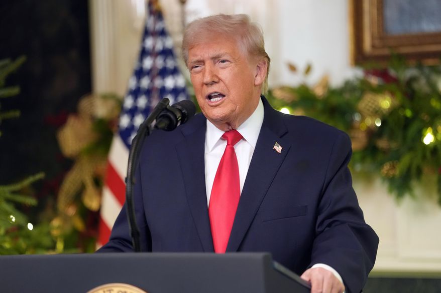 President Donald Trump speaks during an address to the nation from the Diplomatic Reception Room at the White House, Wednesday, Dec. 17, 2025, in Washington. (Doug Mills/The New York Times via AP, Pool)