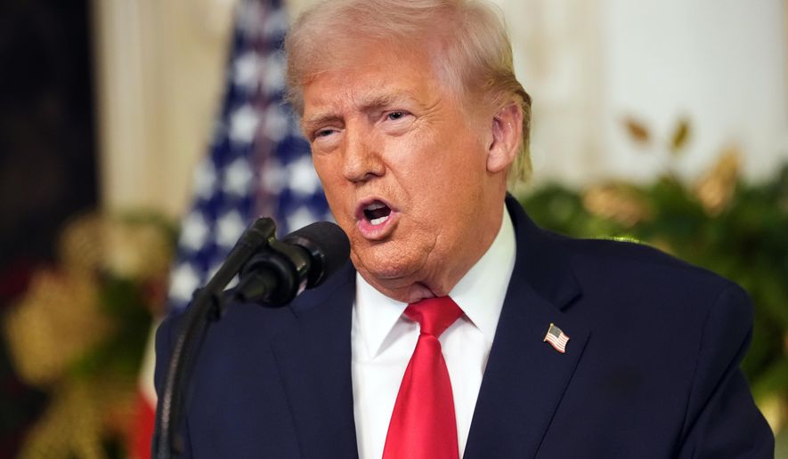 President Donald Trump speaks during an address to the nation from the Diplomatic Reception Room at the White House, Wednesday, Dec. 17, 2025, in Washington. (Doug Mills/The New York Times via AP, Pool)