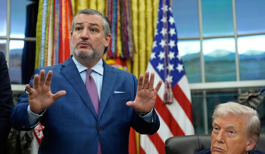 Ted Cruz R-Texas, left, speaks during a signing ceremony regarding AI initiatives with President Donald Trump in the Oval Office of the White House, Thursday, Dec. 11, 2025, in Washington. (AP Photo/Alex Brandon)