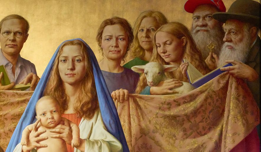 Burkhard Scheffler, second from right, a homeless man who died from the cold in 2022 on the edge of St. Peter's Square, is portrayed as St. Peter in a painting by German artist Michael Triegel and exposed in the chapel of the Teutonic College at the Vatican, Wednesday, Dec. 10, 2025. (AP Photo/Alessandra Tarantino)