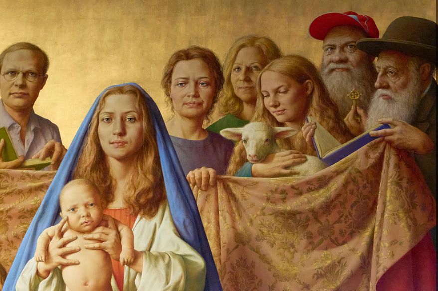 Burkhard Scheffler, second from right, a homeless man who died from the cold in 2022 on the edge of St. Peter's Square, is portrayed as St. Peter in a painting by German artist Michael Triegel and exposed in the chapel of the Teutonic College at the Vatican, Wednesday, Dec. 10, 2025. (AP Photo/Alessandra Tarantino)