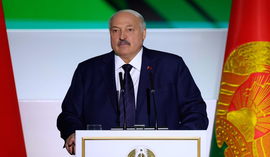 In this photo provided by the Belarusian Presidential Press Service, Belarusian President Alexander Lukashenko addresses the meeting of the All-Belarusian People's Assembly in Minsk, Belarus, Thursday, Dec. 18, 2025. (Belarusian Presidential Press Service via AP) ** FILE **