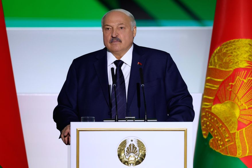 In this photo provided by the Belarusian Presidential Press Service, Belarusian President Alexander Lukashenko addresses the meeting of the All-Belarusian People's Assembly in Minsk, Belarus, Thursday, Dec. 18, 2025. (Belarusian Presidential Press Service via AP) ** FILE **