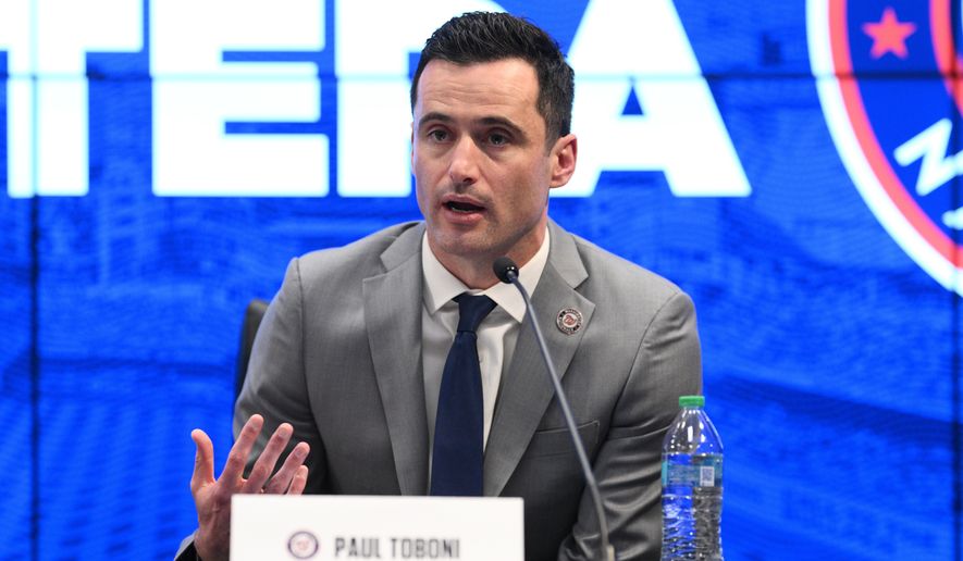 Washington Nationals President of Baseball Operations, Paul Toboni speaks during a baseball press conference Monday, Nov. 17, 2025, in Washington. (AP Photo/Nick Wass)