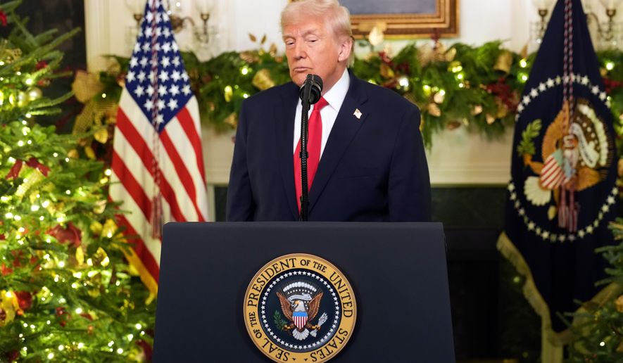 President Donald Trump finishes his remarks in an address to the nation from the Diplomatic Reception Room at the White House, Wednesday, Dec. 17, 2025, in Washington. (Doug Mills/The New York Times via AP, Pool)