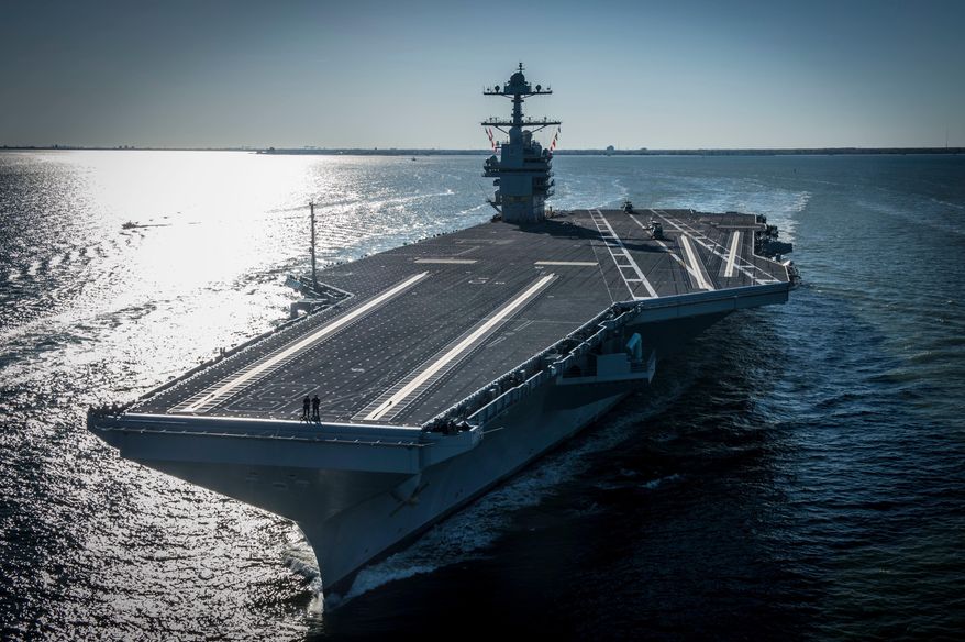 In this photo provided by the U.S. Navy, the USS Gerald R. Ford embarked on the first of its sea trials to test various state-of-the-art systems on its own power for the first time, April 8, 2017, from Newport News, Va. (Mass Communication Specialist 2nd Class Ridge Leoni/U.S. Navy via AP) ** FILE* *