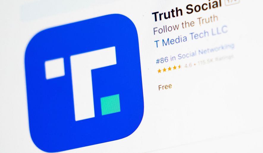 The download screen for Truth Social app is seen on a laptop computer, March 20, 2024, in New York. (AP Photo/John Minchillo, File)