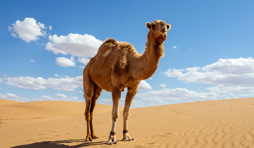 A dromedary camel standing on a sand dune under a blue sky with white clouds. File photo credit: Shutter Studio7 via Shutterstock.