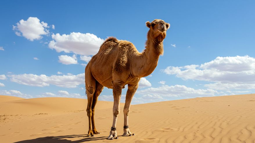 A dromedary camel standing on a sand dune under a blue sky with white clouds. File photo credit: Shutter Studio7 via Shutterstock.