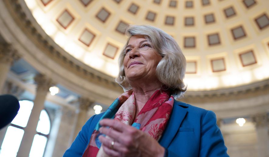 Sen. Cynthia Lummis, R-Wyo., arrives for an interview at the Capitol in Washington, Aug. 10, 2021. (AP Photo/J. Scott Applewhite) **FILE**