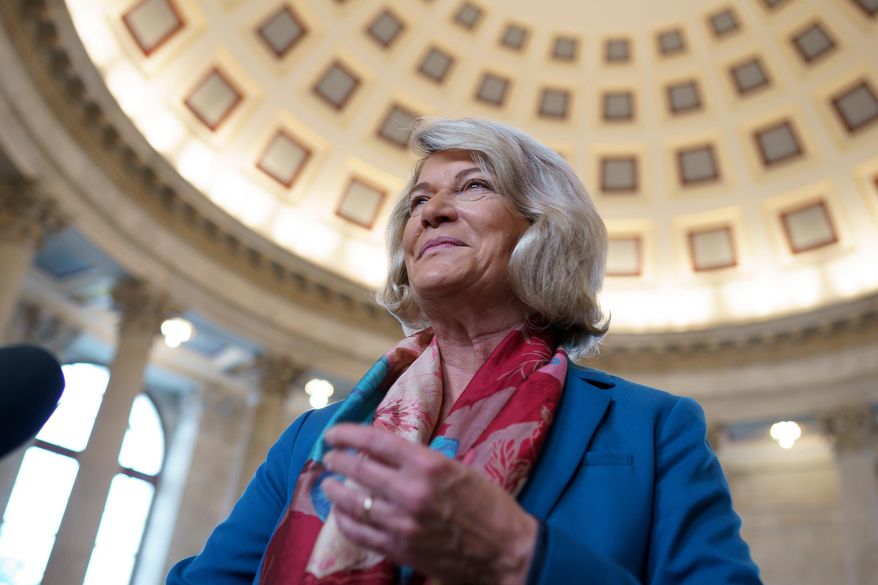 Sen. Cynthia Lummis, R-Wyo., arrives for an interview at the Capitol in Washington, Aug. 10, 2021. (AP Photo/J. Scott Applewhite) **FILE**