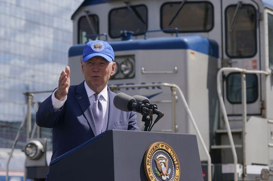 President Joe Biden speaks during an event to mark Amtrak's 50th anniversary at 30th Street Station in Philadelphia, Friday, April 30, 2021. (AP Photo/Patrick Semansky)