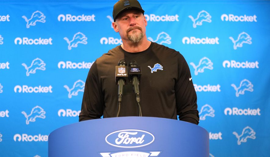Detroit Lions head coach Dan Campbell speaks during a news conference after an NFL football game against the Pittsburgh Steelers, Sunday, Dec. 21, 2025, in Detroit. (AP Photo/Ryan Sun)