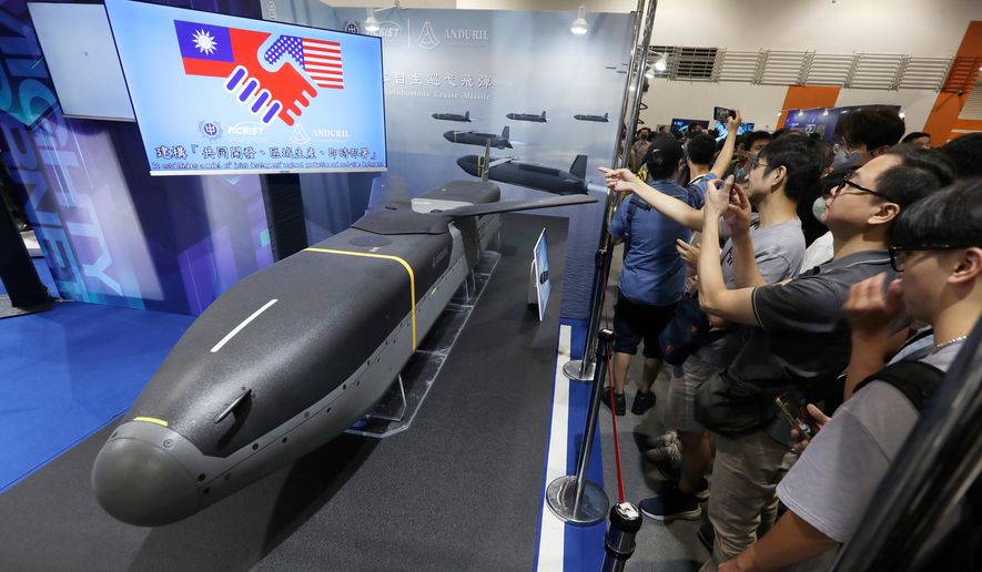 A low-cost autonomous cruise missile, Barracuda 500, jointly manufactured by U.S Anduril and Taiwan's National Chung-Shan Institute of Science and Technology, is displayed during the Taipei Aerospace & Defense Technology Exhibition (TADTE) at Nangang Exhibition Center in Taipei, Taiwan, Sept. 20, 2025. (AP Photo/Chiang Ying-ying, File)