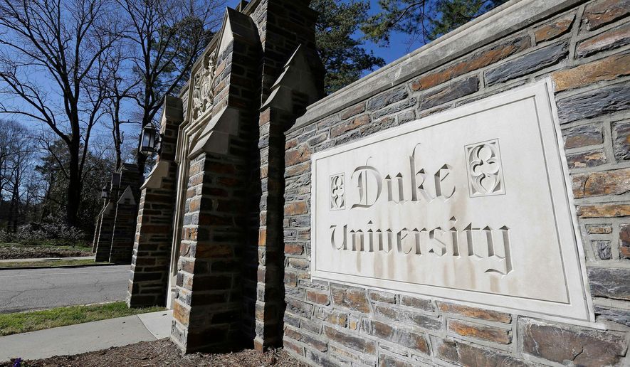 The entrance to the main Duke University campus in Durham, N.C., is shown on Jan. 28, 2019. (AP Photo/Gerry Broome) **FILE**