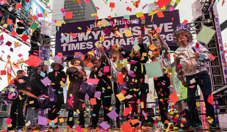 Confetti is released during a confetti test ahead of New Year's Eve celebration in Times Square, Monday, Dec. 29, 2025, in New York. (AP Photo/Yuki Iwamura)