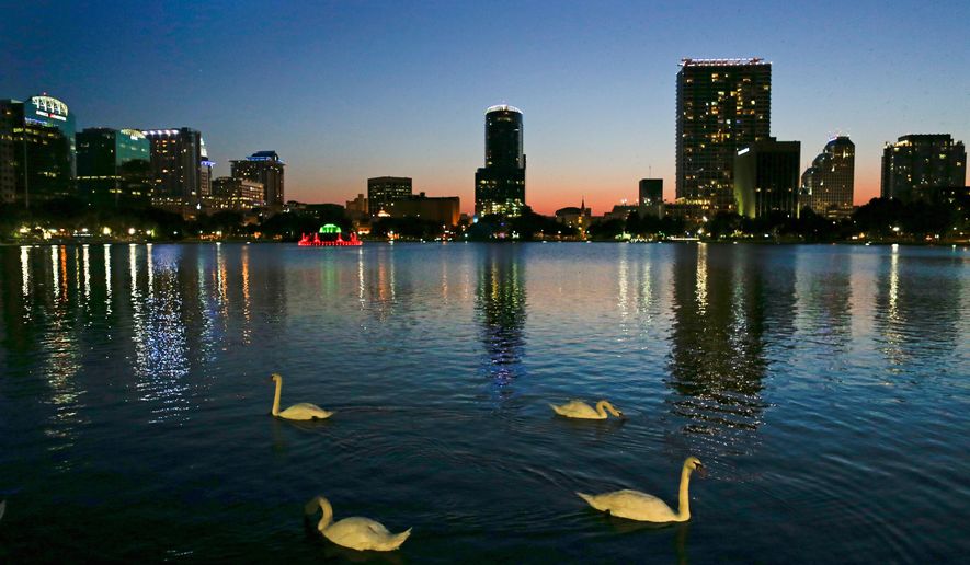 FILE - In this Monday, May 19, 2014 photo, swans swim in Lake Eola as the sun sets in Orlando, Fla. (AP Photo/John Raoux, File)