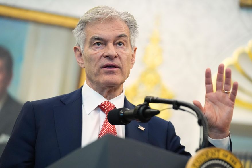 Mehmet Oz, administrator of the Centers for Medicare & Medicaid Services, speaks during an event about drug prices with President Donald Trump in the Oval Office of the White House in Washington on Thursday, Nov. 6, 2025. (AP Photo/Evan Vucci) **FILE**