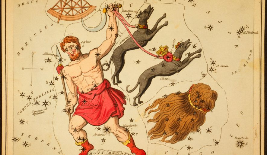 This 1825 etching provided by the Library of Congress shows an astronomical chart depicting Bootes the Ploughman holding a spear, a sickle, and two dogs, Asterion and Chara, on leashes, a quadrant, and the hair of Berenice forming the constellations. (Sidney Hall/Library of Congress via AP)