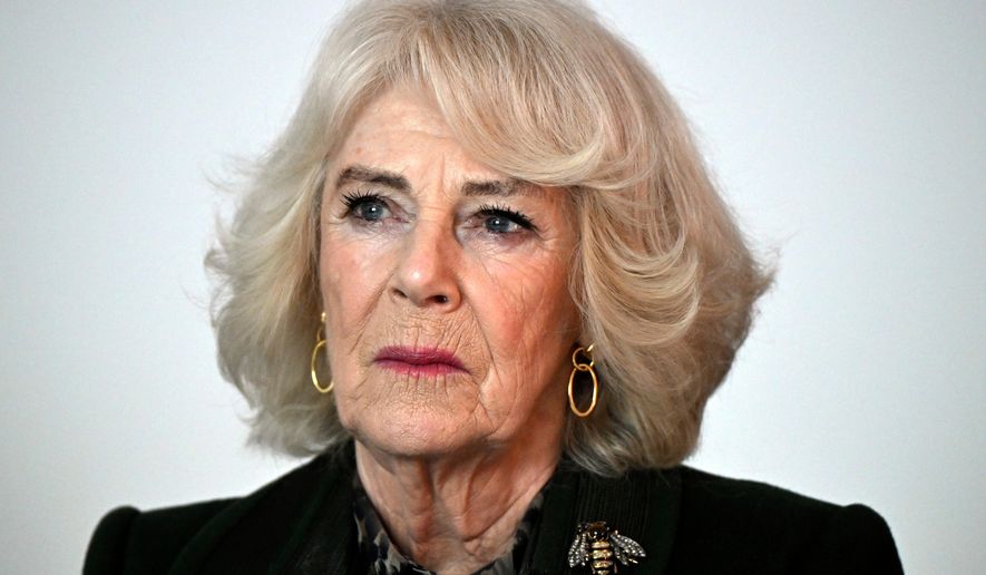 FILE - Britain's Queen Camilla looks on during a visit to open a new purpose-built Sexual Assault Referral Centre (SARC) in Exeter, England, Thursday Feb. 6, 2025 during the national Sexual Abuse and Sexual Violence Awareness Week 2025. (Justin Tallis/Pool Photo via AP, File)