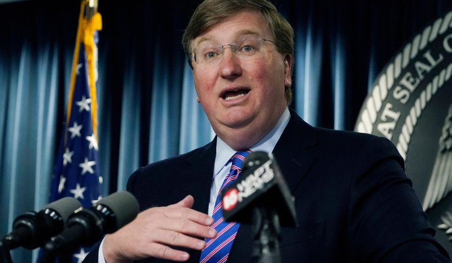 Republican Gov. Tate Reeves responds to a reporter's question during a news conference Tuesday, Nov. 1, 2022, in Jackson, Miss. (AP Photo/Rogelio V. Solis, File)
