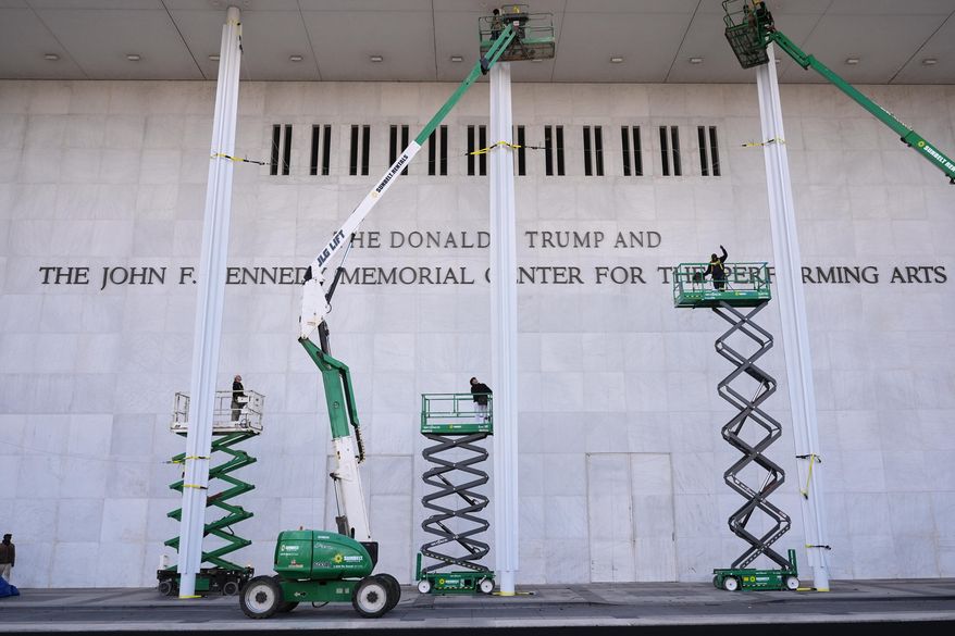 New signage, The Donald J. Trump and The John F. Kennedy Memorial Center For The Performing Arts, is unveiled on the Kennedy Center in Washington, Dec. 19, 2025. (AP Photo/Jacquelyn Martin), File)