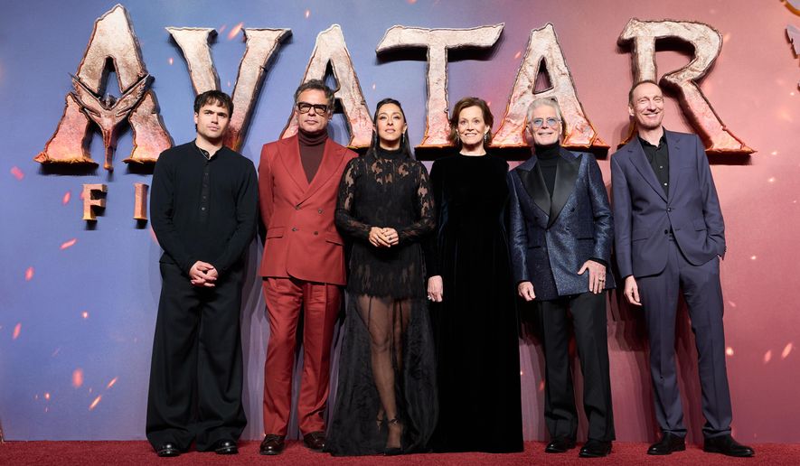 From left, Jamie Flatters, Jemaine Clement, Oona Castilla Chaplin, Sigourney Weaver, Stephen Lang and David Thewlis pose for photographers upon arrival at the UK premiere for the film "Avatar: Fire and Ash" in London, England, Thursday, Dec. 11, 2025. (Photo by Scott A Garfitt/Invision/AP)