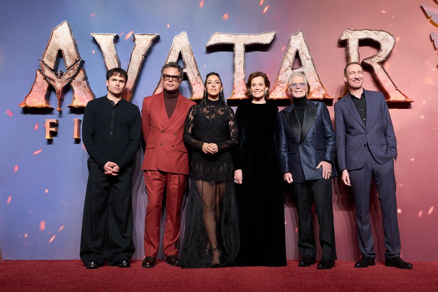 From left, Jamie Flatters, Jemaine Clement, Oona Castilla Chaplin, Sigourney Weaver, Stephen Lang and David Thewlis pose for photographers upon arrival at the UK premiere for the film "Avatar: Fire and Ash" in London, England, Thursday, Dec. 11, 2025. (Photo by Scott A Garfitt/Invision/AP)
