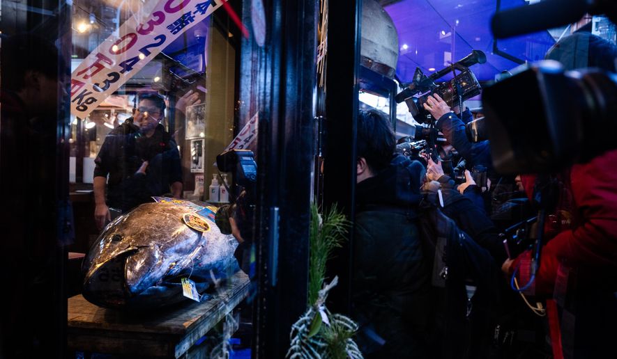 Members of the press take photographs of a bluefin tuna that won the highest bid at the annual New Year auction displayed at Sushi Zanmai restaurant in Tokyo, Monday, Jan. 5, 2026. (AP Photo/Louise Delmotte)