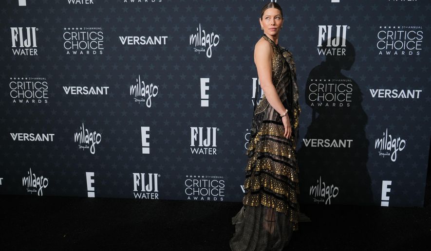 Jessica Biel arrives at the 31st Annual Critics Choice Awards on Sunday, Jan. 4, 2026, at The Barker Hanger in Santa Monica, Calif. (Photo by Jordan Strauss/Invision/AP)