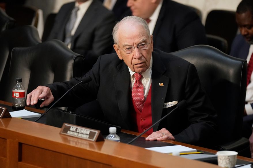 Committee Chairman Chuck Grassley, R- Iowa, speaks during a Senate Judiciary Committee oversight hearing on Capitol Hill in Washington on Tuesday, Oct. 7, 2025. (AP Photo/Mark Schiefelbein) **FILE**