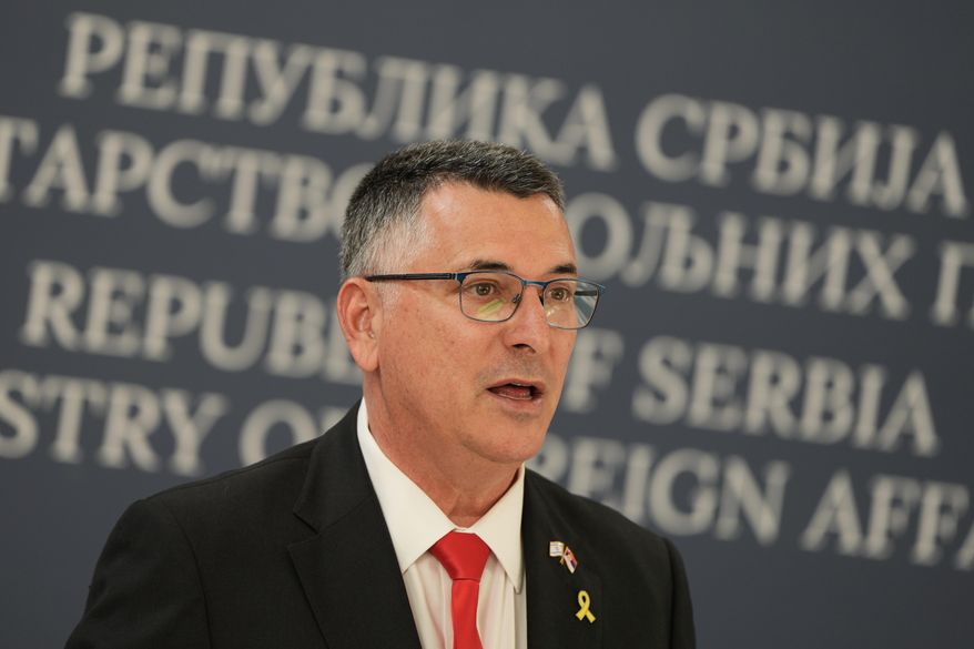 Israel's Foreign Minister Gideon Saar speaks during a press conference after talks with his Serbian counterpart Marko Djuric in Belgrade, Serbia, Sept. 30, 2025. (AP Photo/Darko Vojinovic, File)