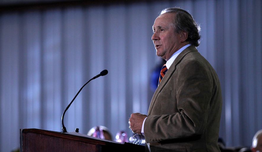 FILE - Michael Reagan, the son of former President Ronald Reagan, introduces Republican presidential candidate, former House Speaker Newt Gingrich during a campaign stop, Jan. 30, 2012, in Pensacola, Fla. (AP Photo/Matt Rourke, File)