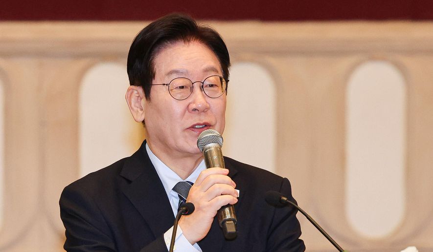 South Korean President Lee Jae Myung speaks during a meeting with members of the South Korean media in Shanghai, China, Wednesday, Jan. 7, 2026. (Han Sang-kyun/Yonhap via AP) ** FILE **