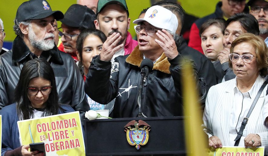 Colombian President Gustavo Petro addresses supporters in a rally he called to protest comments by U.S. President Donald Trump, in Bogota, Colombia, Wednesday, Jan. 7, 2026. (AP Photo/Santiago Saldarriaga)