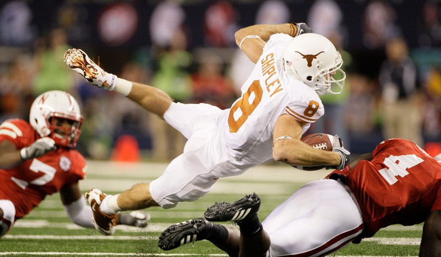 FILE -Texas wide receiver Jordan Shipley (8) during an NCAA college football Big 12 Conference championship game against Nebraska, Dec. 5, 2009, in Arlington, Texas. (AP Photo/Tony Gutierrez, File)