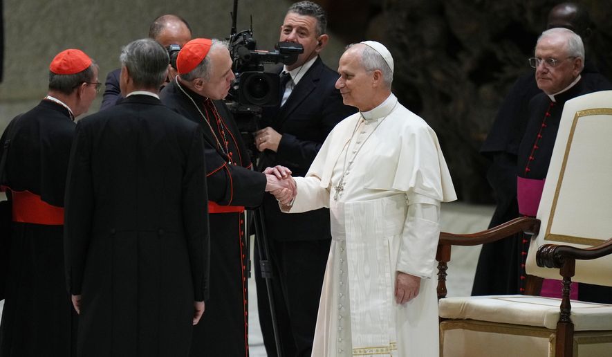 Pope Leo XIV meets Cardinals and Bishops at the end of his weekly general audience in the Paul VI Hall at the Vatican, Wednesday, Jan. 7, 2026. (AP Photo/Alessandra Tarantino)