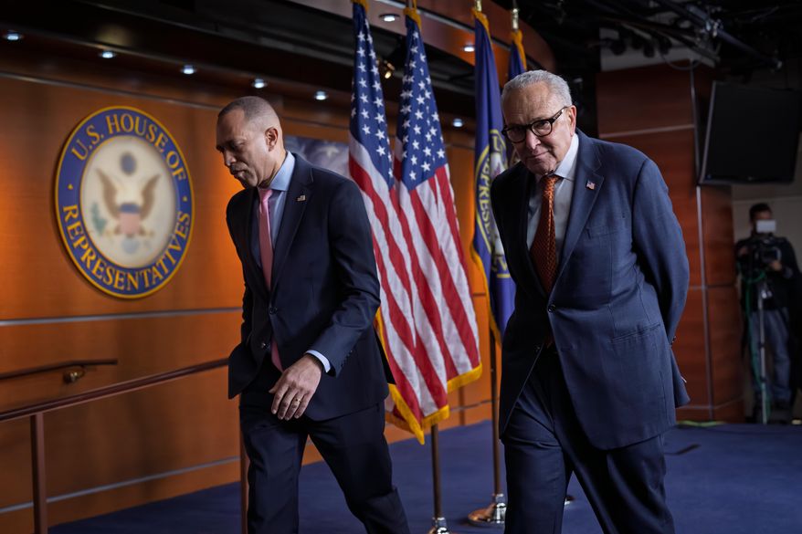 House Minority Leader Hakeem Jeffries, D-N.Y., left, and Senate Minority Leader Chuck Schumer, D-N.Y., depart after speaking to reporters about Venezuela, the ICE shooting in Minneapolis, and affordability ahead of a vote in the House to extend the Obamacare subsidies for three years, at the Capitol in Washington, Thursday, Jan. 8, 2026. (AP Photo/J. Scott Applewhite)
