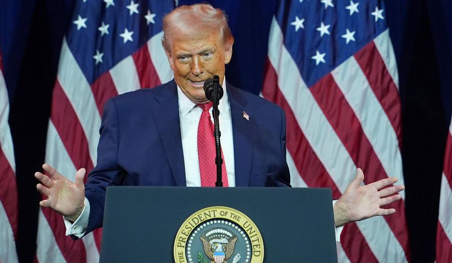 President Donald Trump speaks to House Republican lawmakers during their annual policy retreat, Tuesday, Jan. 6, 2026, in Washington. (AP Photo/Evan Vucci)