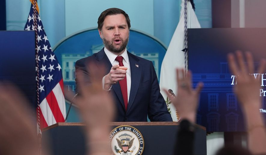 Vice President J.D. Vance speaks during a briefing at the White House, Thursday, Jan. 8, 2026, in Washington. (AP Photo/Evan Vucci)