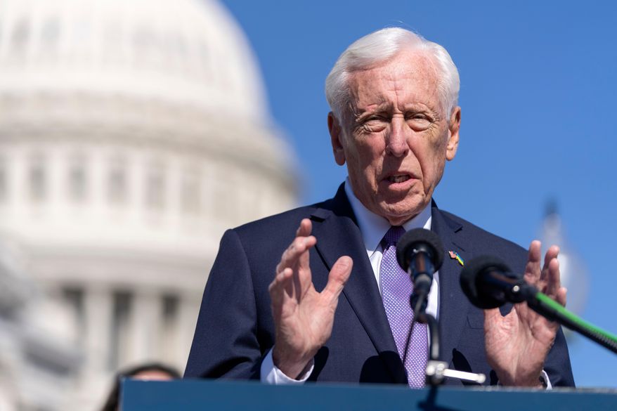 Rep. Steny H. Hoyer, D-Md., speaks at a news conference about the Protect Our Probationary Employees Act on Capitol Hill, March 11, 2025, in Washington. (AP Photo/Mark Schiefelbein, File)