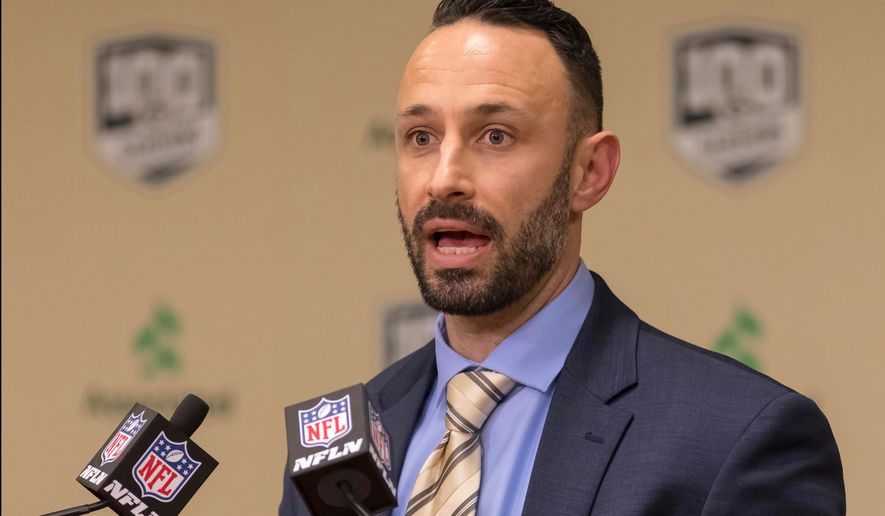 FILE - Jon-Eric Sullivan, Green Bay Packers director of college scouting, talks in Green Bay, Wis., April 26, 2018. (AP Photo/Mike Roemer, File)