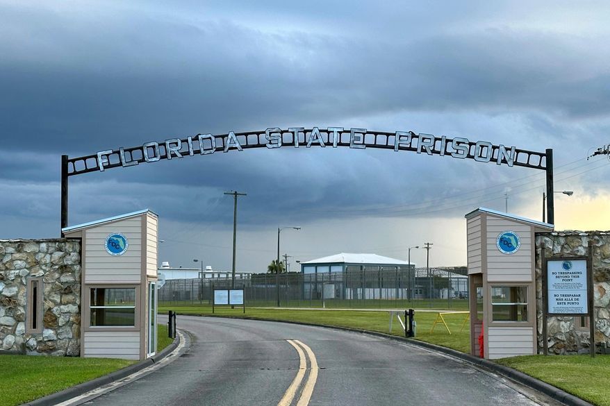 The entrance to Florida State Prison in Starke, Fla. is shown Thursday, Aug. 3, 2023. (AP Photo/Curt Anderson)