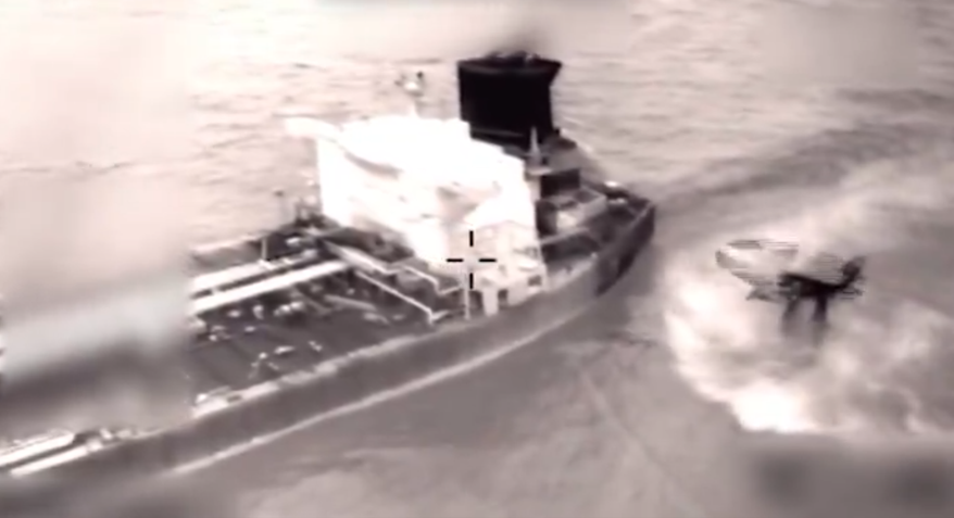 U.S. Southern Command posted on X, "In a pre-dawn action, Marines and Sailors from Joint Task Force Southern Spear, in coordination with the Department of Homeland Security, launched from the USS Gerald R. Ford and apprehended Motor/Tanker Olina in the Caribbean Sea without incident." (Screenshot from U.S. Southern Command's X post)